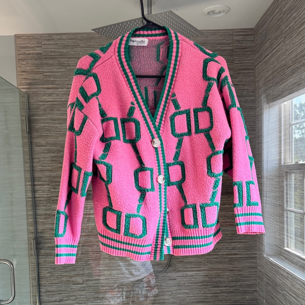 Impressions Pink & Green Geometric Button-Front Cardigan